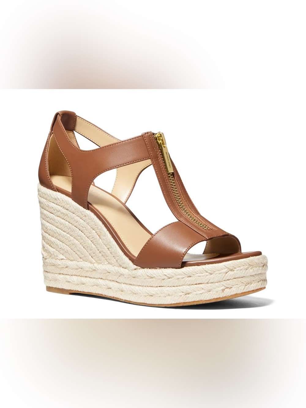 Michael Kors Berkley Mid Wedge Sandals with Front Zip Brown Leather Sandal